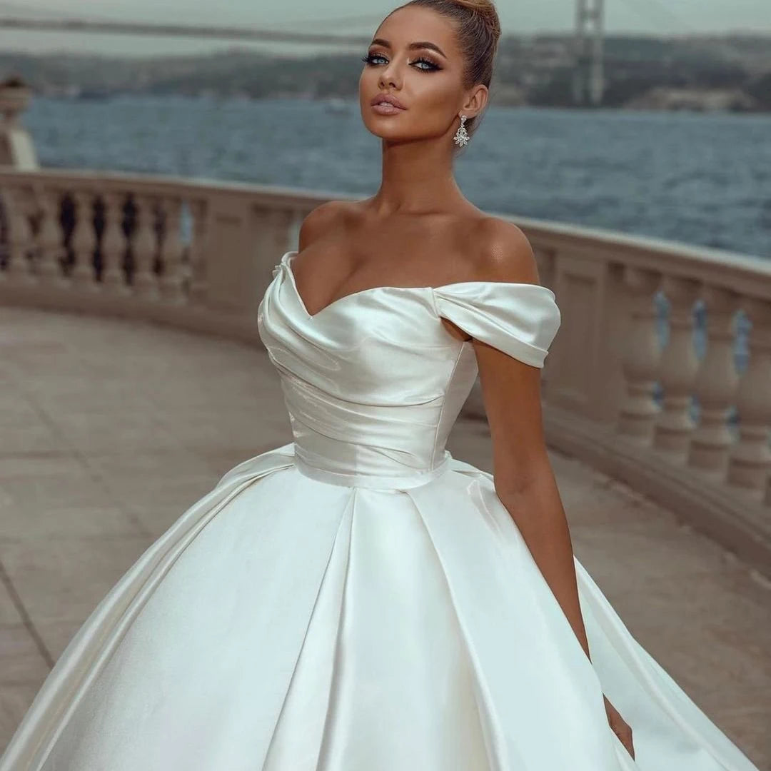 Flavinke Customized White Sweetheart Wedding Dresses 2025 Off Shoulder Sweep Train Bride Dress Lace Up Back Satin Wedding Gown - My Store