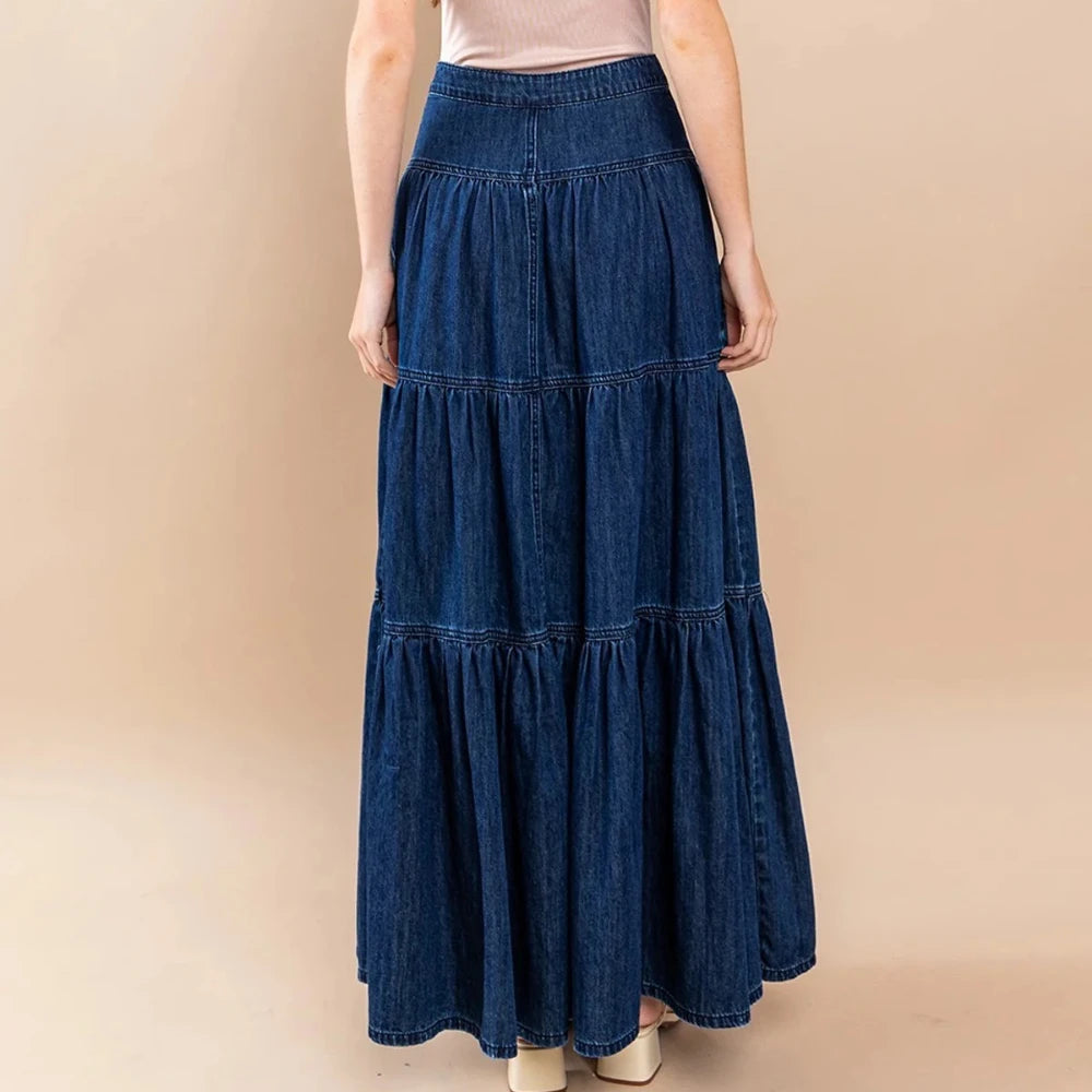 Canwedance Maxi Skirts Boho Style Cotton Skirts Femme High Waist Denim Skirts Mujer Vacation Bottoms A-Line Layered Skirt