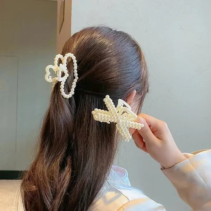 2pcs Elegant Pearls Beads Hairpin for Women Cute Geometric Hair Claw Barrettes Headwear Horsetail Hair Clips Hair Accessories