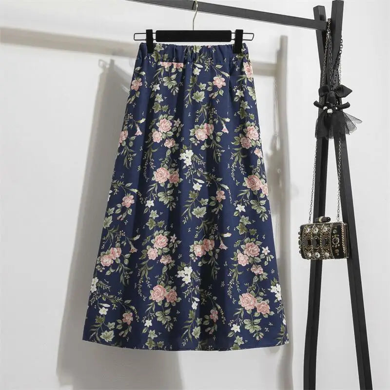 Spring Summer Chiffon Women Skirts Casual Floral Printed Woman Long Skirts Elastic Waist Female Loose Extended Skirt