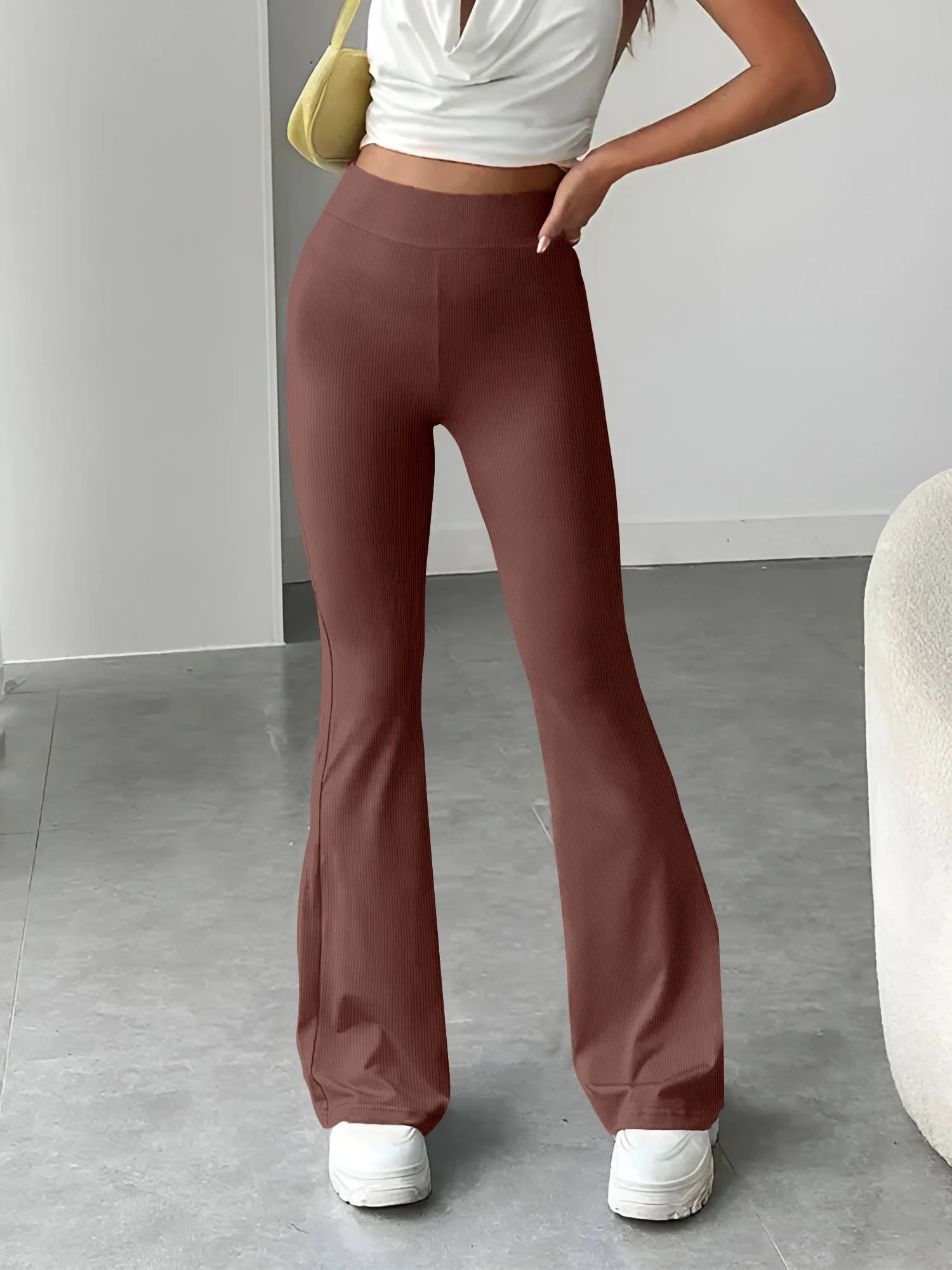 Women Solid Color Fashion Pants Ribbed Flared Pants Casual Slim New Thin Female Pants High Waisted Street Wear
