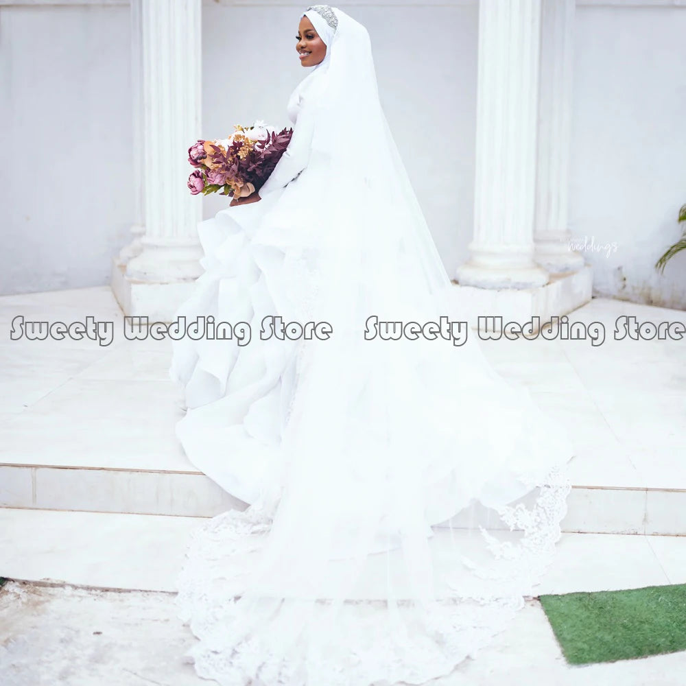 Modest Muslim Wedding Dress White Long Sleeves O Neck Ruffles Organza Ball Gown Bridal Dresses No Hajab Africa Gowns - My Store