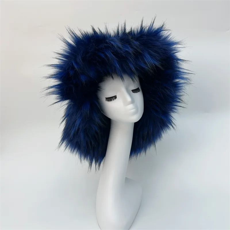 Winter Warm Plush Bucket Hat Women Oversize Earflaps Fluffy Faux Fur Hats Fashion Furry Raccoon Fur Cotton Hat Solid Color Hats