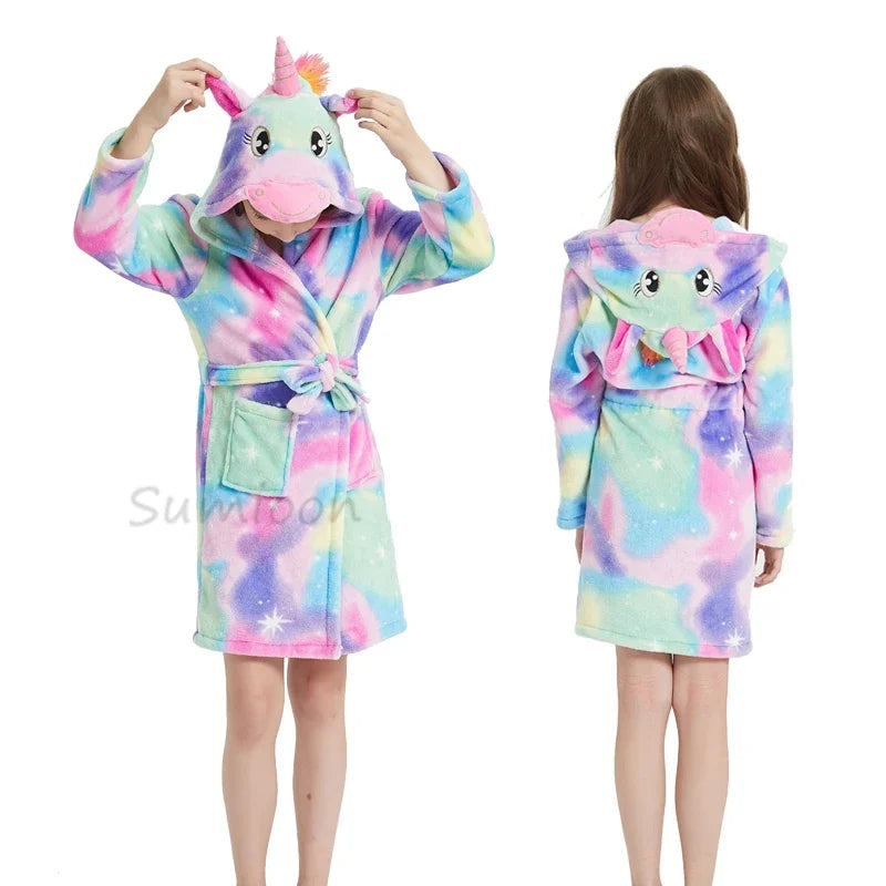 New Children Bath Robe Baby Towel Children's Unicorn Hooded Bathrobes for Boys Girls Pajamas Kids Sleepwear Bath Robes Fox Wolf