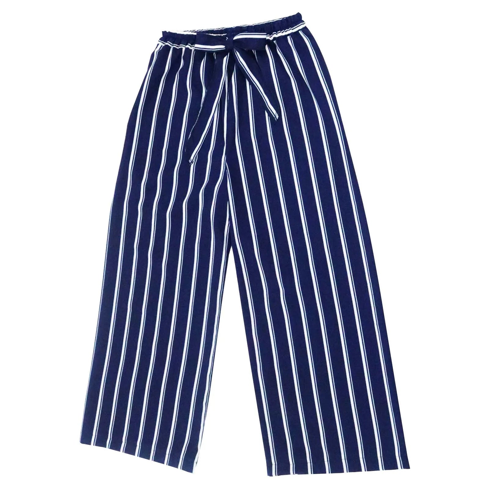 Ladies' Striped Elastic Waist Belted Long Wide Leg Pants Office Ladies Pant Soft Breathable Long Trousers 2023 Female Clothing