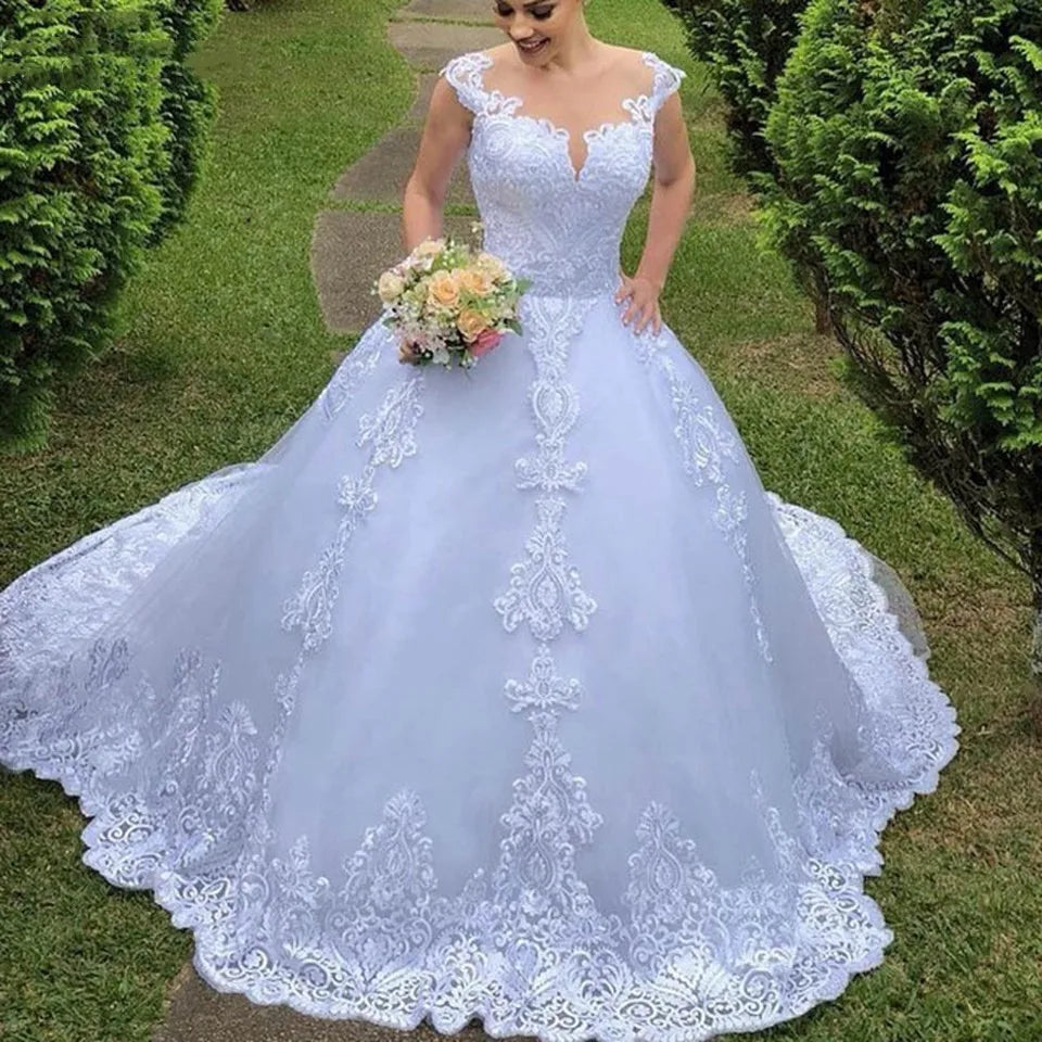 Customized 2025 New Illusion Ball Gown Long Wedding Dress Short Sleeves Bride Dresses Princess Tulle Elegant Wedding Gowns - My Store