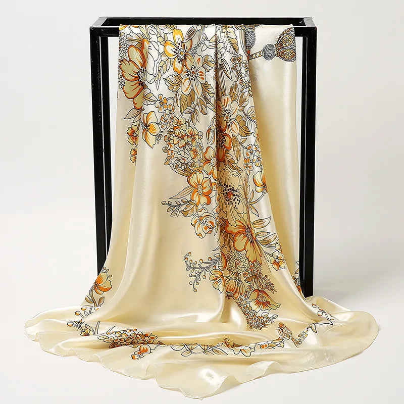 90cm Fashion Silk Satin Scarf for Women Headband Floral Print Kerchief Hijab Scarves Fermale Square Shawls and Wraps Neck Scarfs