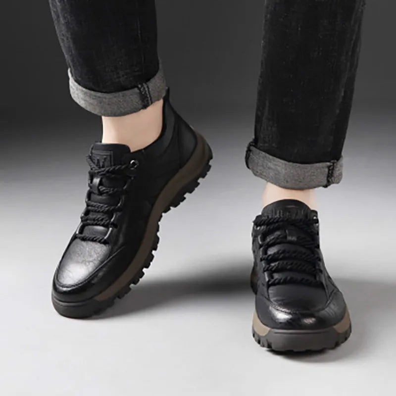 Leather Men Casual Shoes Spring Lace-Up Platform Sneakers Travel Shoes Wear-Resistant Shoes British Style Men's Sneaker Shoe