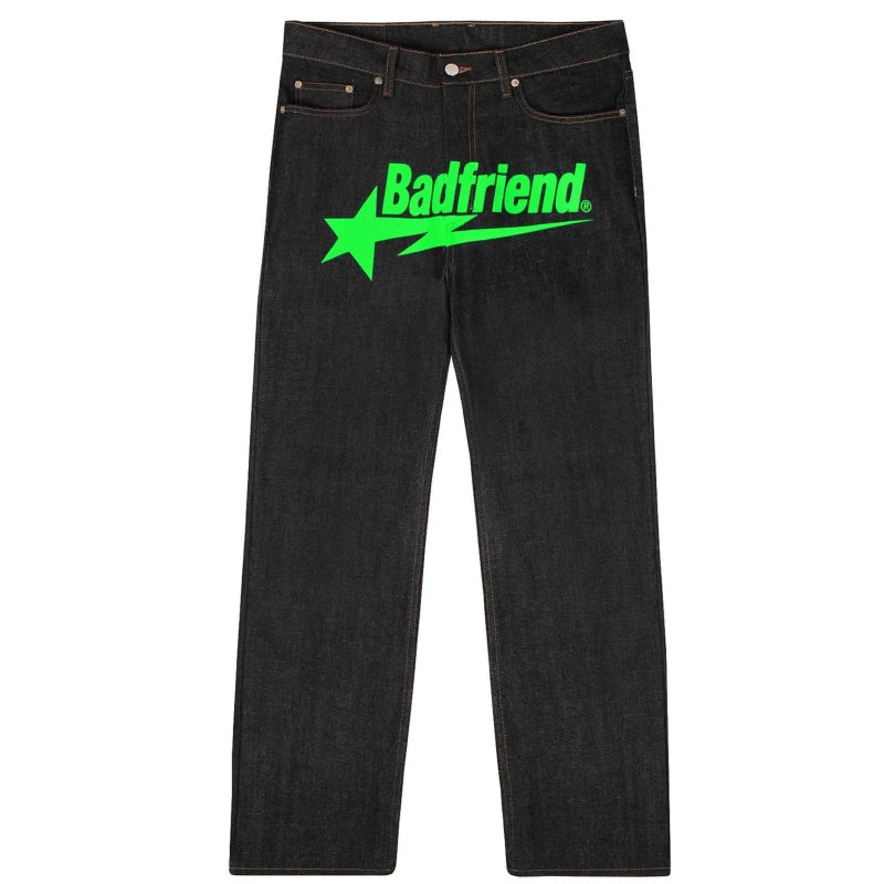 Y2k Men Retro Harajuku Clothing  New Baggy Casual Wide Leg Jeans Hip Hop Print Jeans Trend Fashion Black High Waist Jean