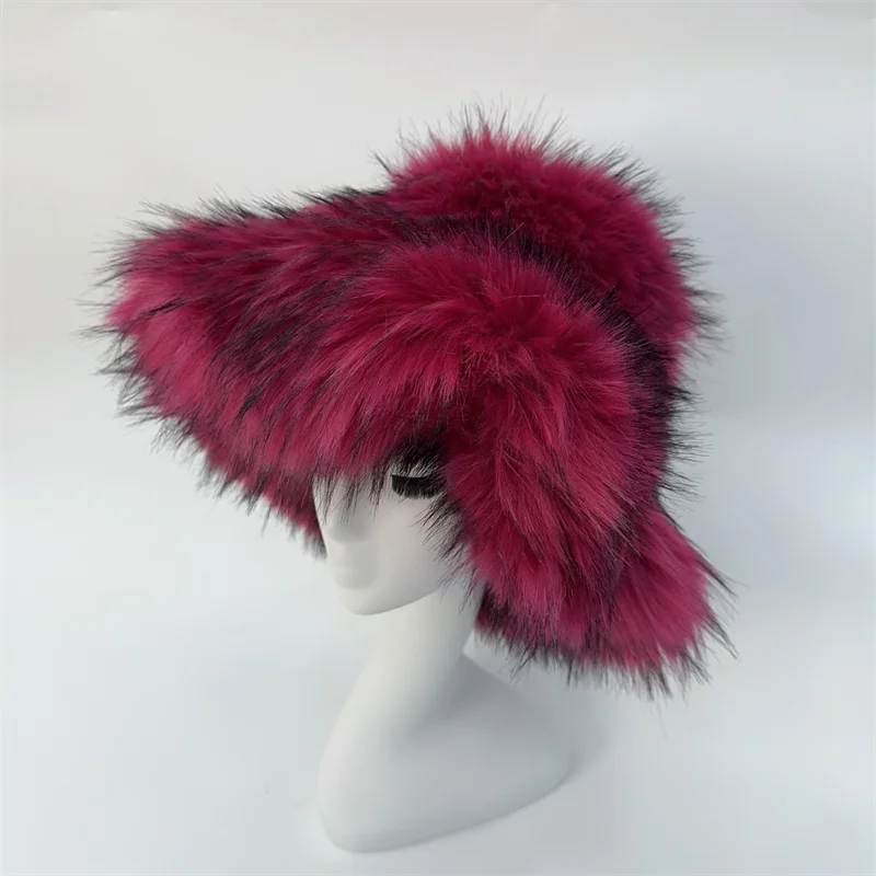 Winter Warm Plush Bucket Hat Women Oversize Earflaps Fluffy Faux Fur Hats Fashion Furry Raccoon Fur Cotton Hat Solid Color Hats