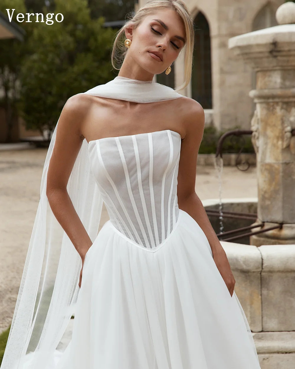 Verngo Lvory Tulle Wedding Dresses Strapless a Line Long Women Bridal Gowns Bown Maxi Bride Dresses Customized - My Store