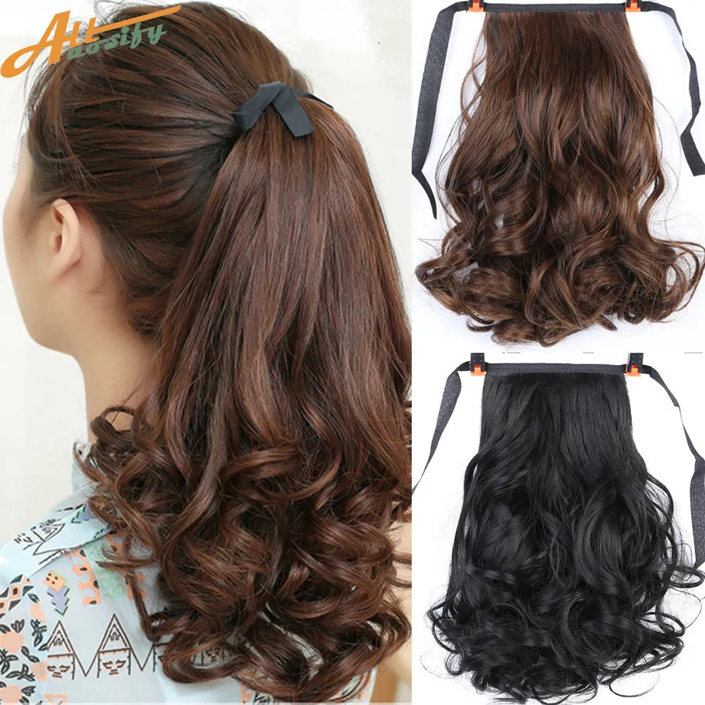 Allaosify Brown Black Heat Resistant Synthetic Hair Extensions Pony Tail Hair Extensions Drawstring Ponytail 12" Hair Extensions
