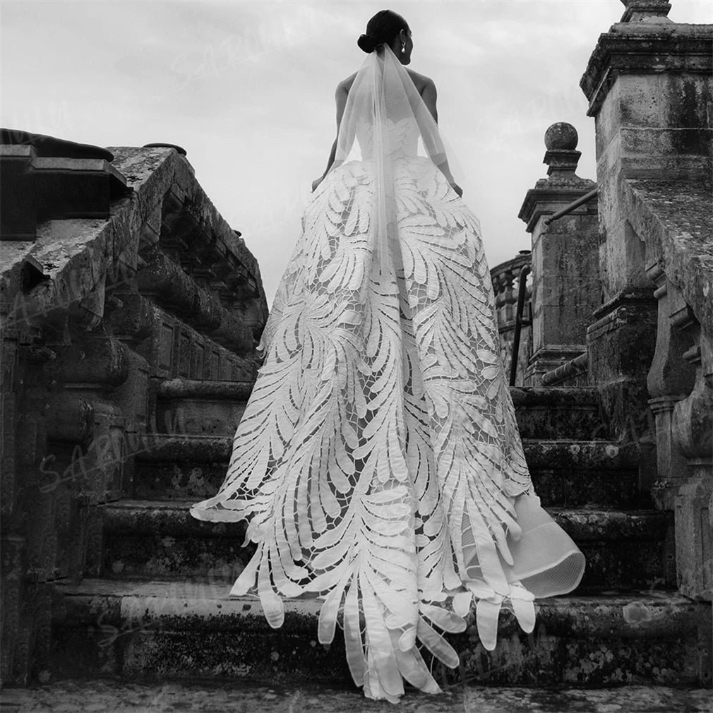 Cutout Sweetheart Strapless Wedding Dress Large Leaf Zipper Long Train Photography Puffy Unique Embroidery Bridal Dresses - My Store