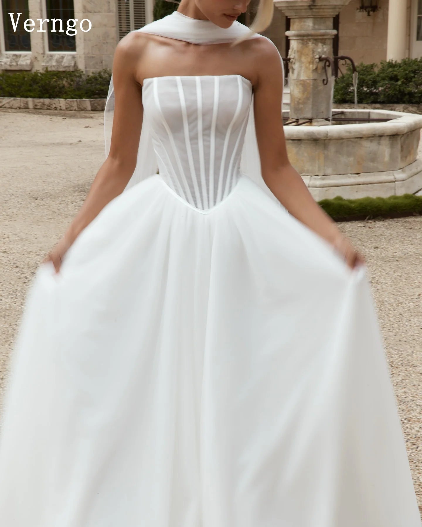 Verngo Lvory Tulle Wedding Dresses Strapless a Line Long Women Bridal Gowns Bown Maxi Bride Dresses Customized - My Store