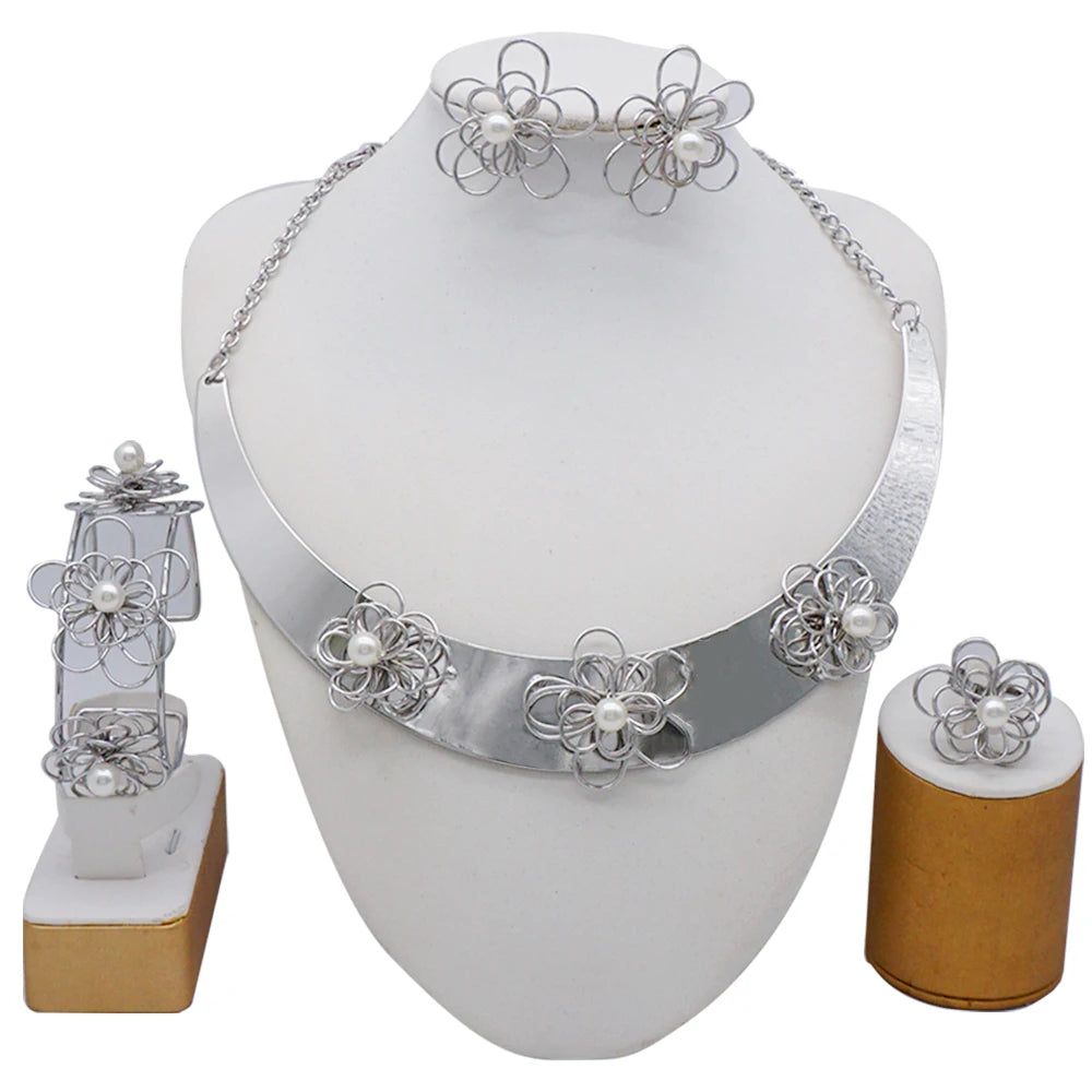 Dubai Gold Color Flower Jewelry Sets for Women Costume India Jewellery Set African Beads Jewelry Sets Wedding Gift