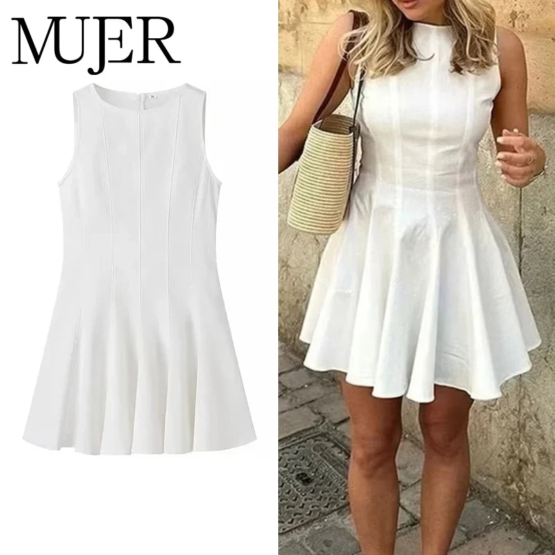MUJER White Ruched Short Dresses for Women 2025 Sleeveless Mini Dress Woman Summer Elegant Party Dresses Pleated Holiday Dress