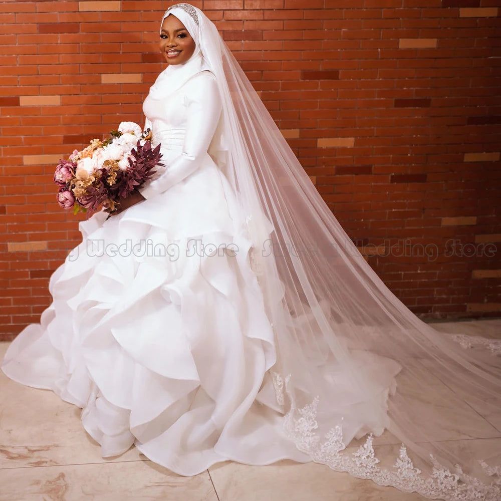 Modest Muslim Wedding Dress White Long Sleeves O Neck Ruffles Organza Ball Gown Bridal Dresses No Hajab Africa Gowns - My Store