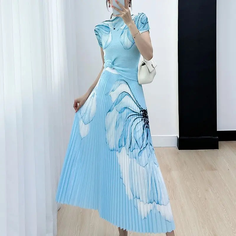 Elegant Two Piece Skirt Set Costume Women's Suit Skirts Pleated Skirt  Female Outfit Women's Casual Skirts Blouses Wrinkle Set
