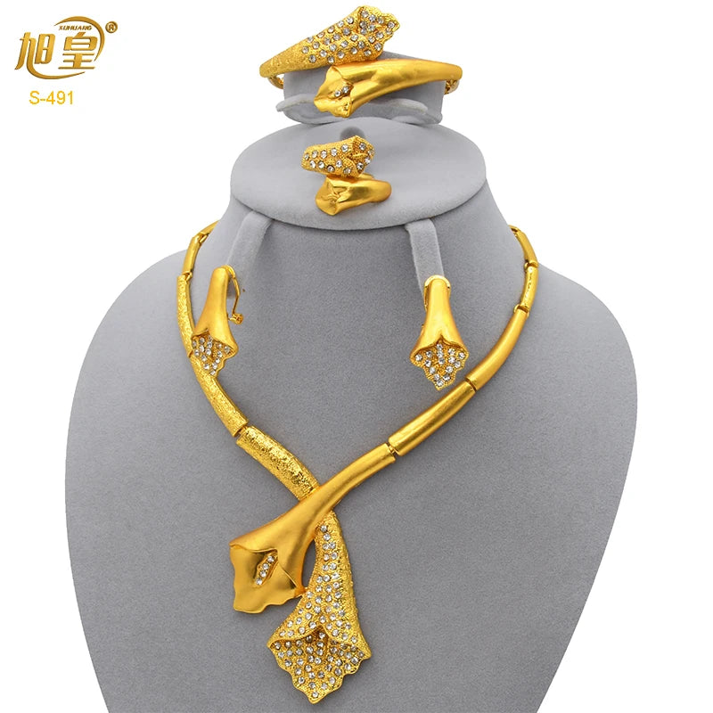 XUHUANG African Necklaces Bracelets Earing Sets Nigerian Wedding Jewelry Set Ethiopian Gold Colour Necklace Jewellery Set Gifts