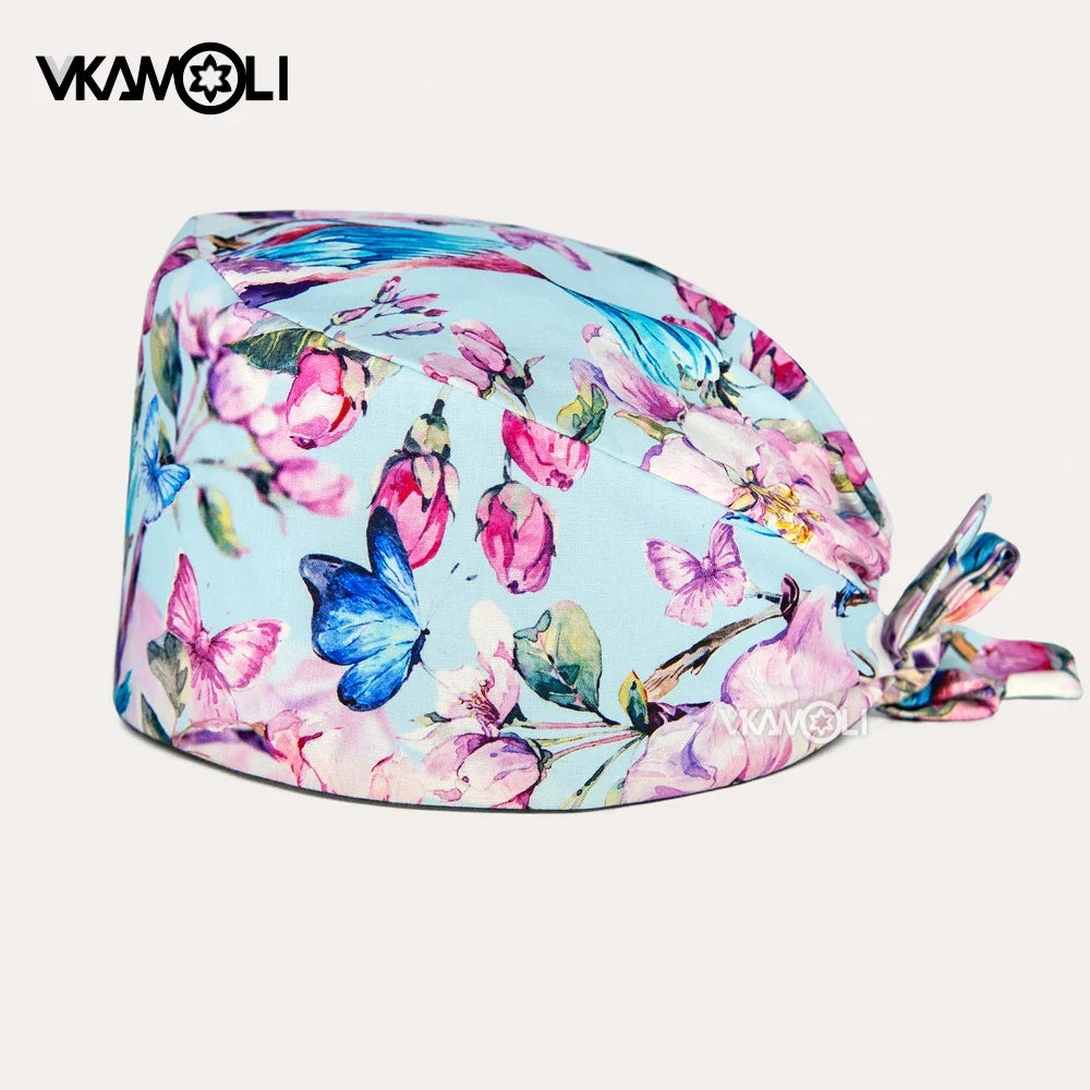 Flower Printing Scrub Caps Dental Print Scrubs Hat 100% Cotton Women Men Dust Proof Vet Dentist  Working Hats Tie Back Cap