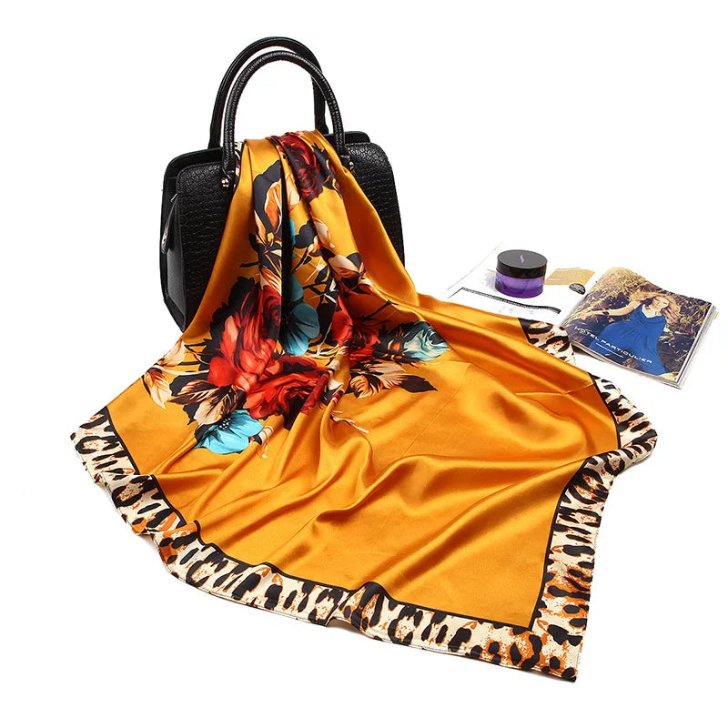 Fashion Kerchief Silk Satin Neck Scarf for Women Print Hijab Scarfs Female 90*90cm Square Shawls and Wraps Scarves for Lady