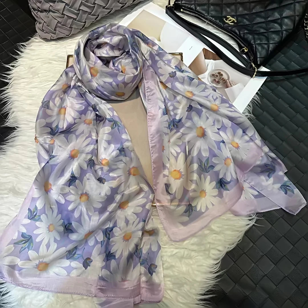 White100% Silk Scarf Women Scarves Bufandas Summer Beach Shawls Foulard Fall Winter Brand Flower Design Long Neck Scarves Hijabs