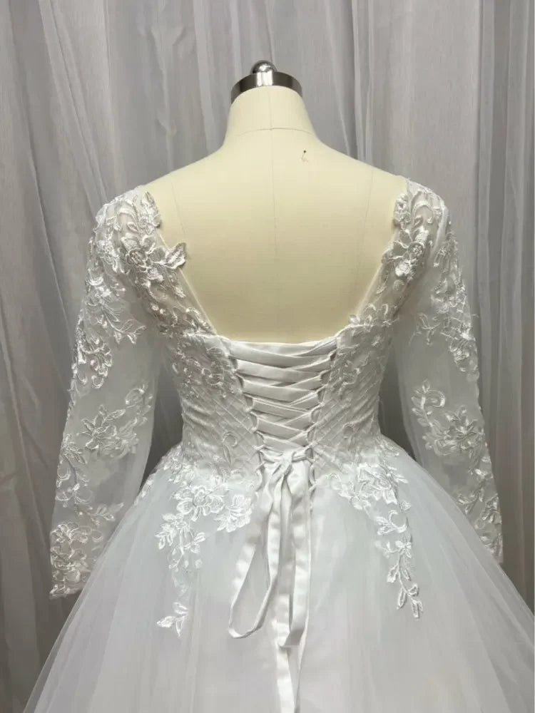Princess Plus Size Wedding Dresses 2023 Lace Applique Long Sleeve Custom Made Tiered Skirt Dubai Arabic Bridal Wedding Dress - My Store