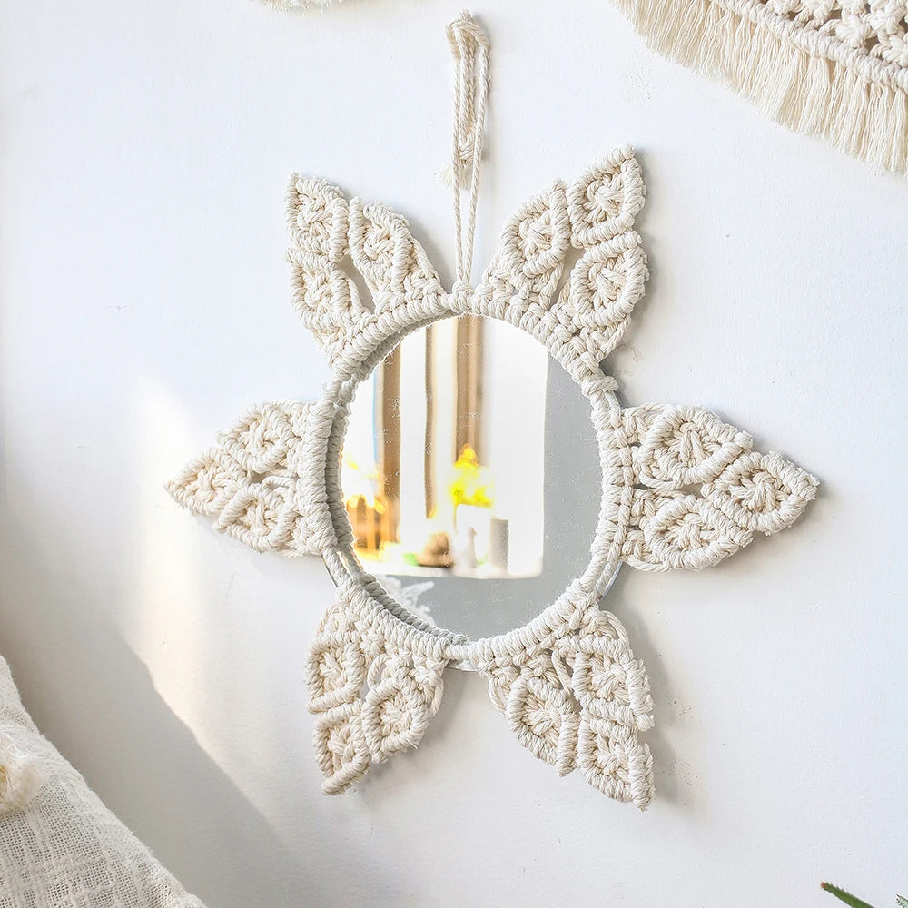 Decorative Mirrors Wall Decor Macrame Round Mirror Boho Home Decor Mirrors for Bedroom Living Room Bathroom Baby Room Decoration