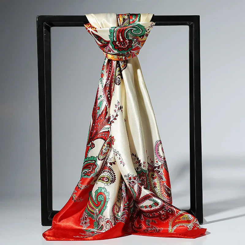 90cm Fashion Silk Satin Scarf for Women Headband Floral Print Kerchief Hijab Scarves Fermale Square Shawls and Wraps Neck Scarfs