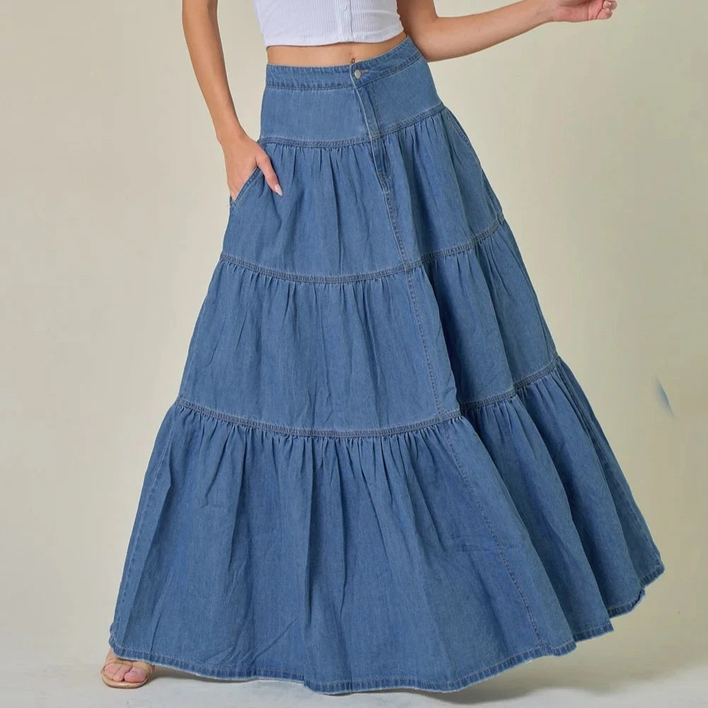 Canwedance Maxi Skirts Boho Style Cotton Skirts Femme High Waist Denim Skirts Mujer Vacation Bottoms A-Line Layered Skirt