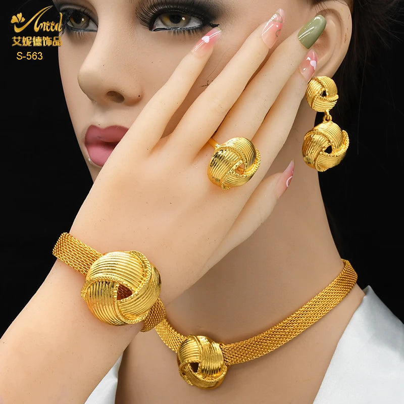 XUHUANG African Necklaces Bracelets Earing Sets Nigerian Wedding Jewelry Set Ethiopian Gold Colour Necklace Jewellery Set Gifts