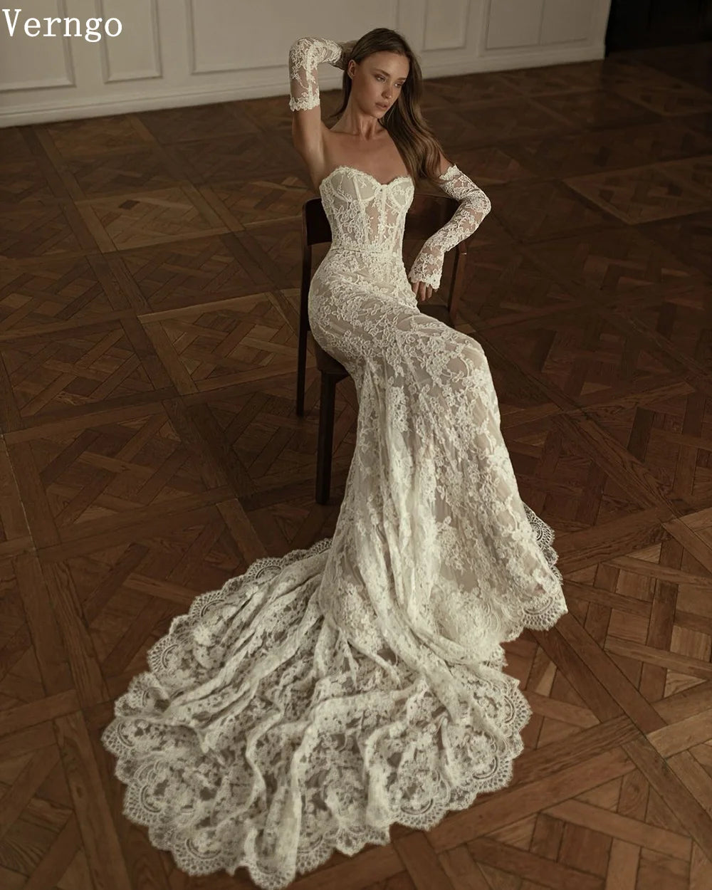 Verngo Lace Strapless Wedding Dress Appliques Mermaid Luxury Bridal Gowns Sweap Train Elegant Slim Bride Dresses 2025 - My Store