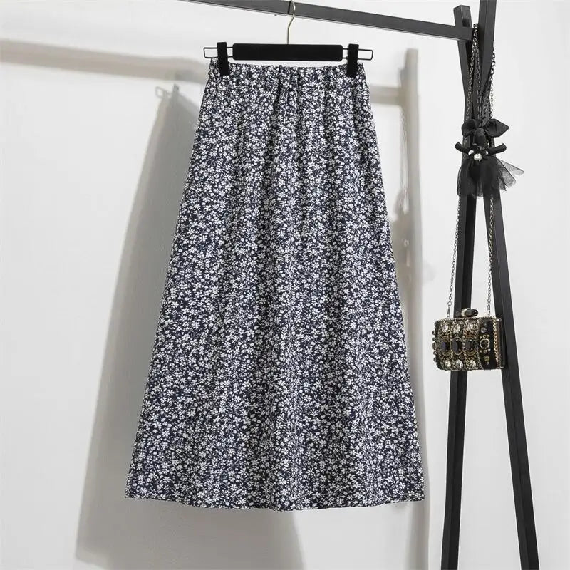 Spring Summer Chiffon Women Skirts Casual Floral Printed Woman Long Skirts Elastic Waist Female Loose Extended Skirt