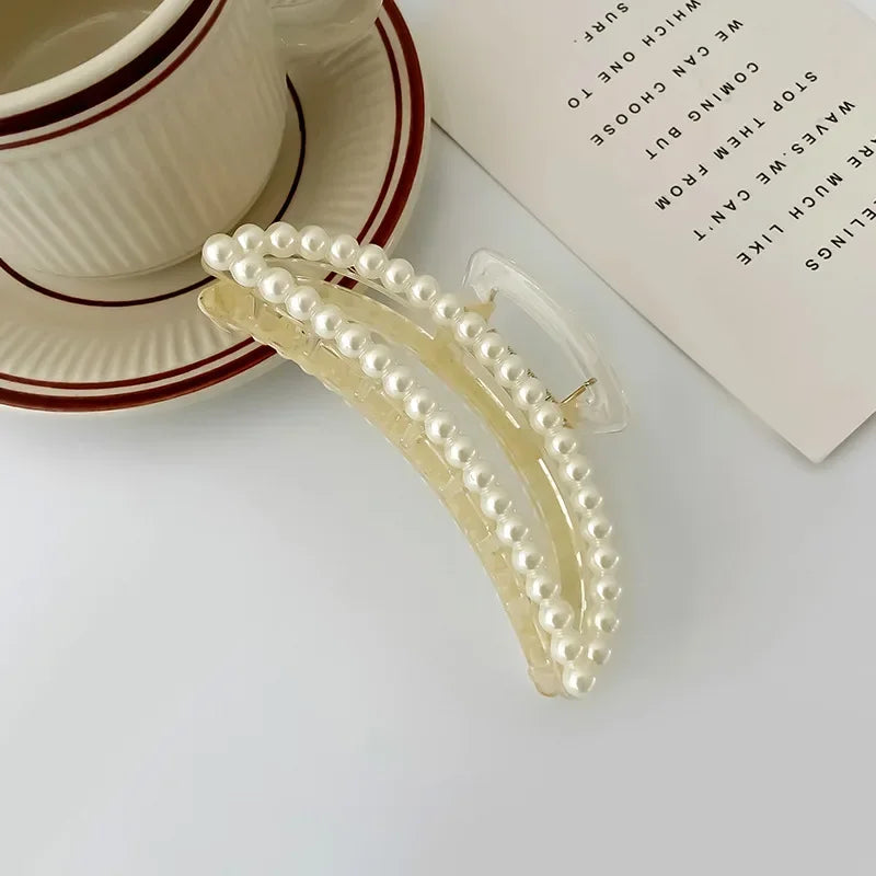 2pcs Elegant Pearls Beads Hairpin for Women Cute Geometric Hair Claw Barrettes Headwear Horsetail Hair Clips Hair Accessories