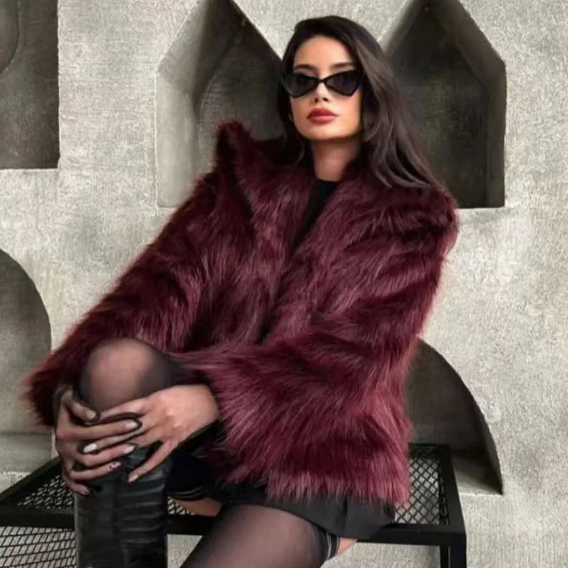 HXAO Women's Fur Coat Women  Plush Burgundy Bomber Jacket Solid Crop Long Sleeve Jacket Warm Winter Coats Woman Casual Coats