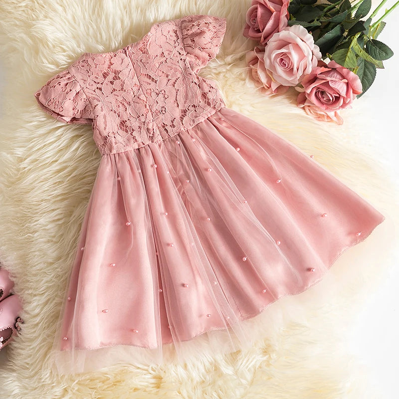 Baby Girls Dress for Summer Flower Lace Vestidos Wedding Party Kids Dresses for Girls Pearls Tulle Princess Children's Dresses - My Store