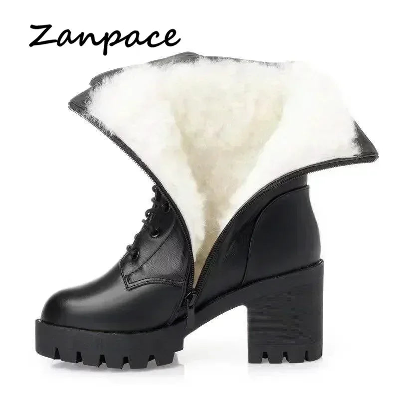 2025 Winter Leather Women Winter Boots Thick Wool Warm Women High-Heeled Genuine Boot High-Quality Female Snow Boots Women Shoes