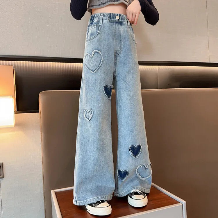 Jeans for Girls Kids Fashion Blue Wide Leg Pants 2025 Spring Autumn Children Korean Trousers Children's Clothing 6 8 10 12 14Yrs