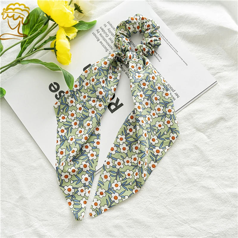 New Fashion Print Bow Scrunchies Hair Ribbon for Women Elastic Hair Band Girls Horsetail Hair Ties Hair Accessories
