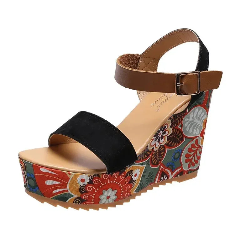 Sandals Women's Peep Toe Floral Print Slingback Wedge Sandals Ethnic Print Platform Shoes Ladies Ankle Buckle Sandalias De Mujer