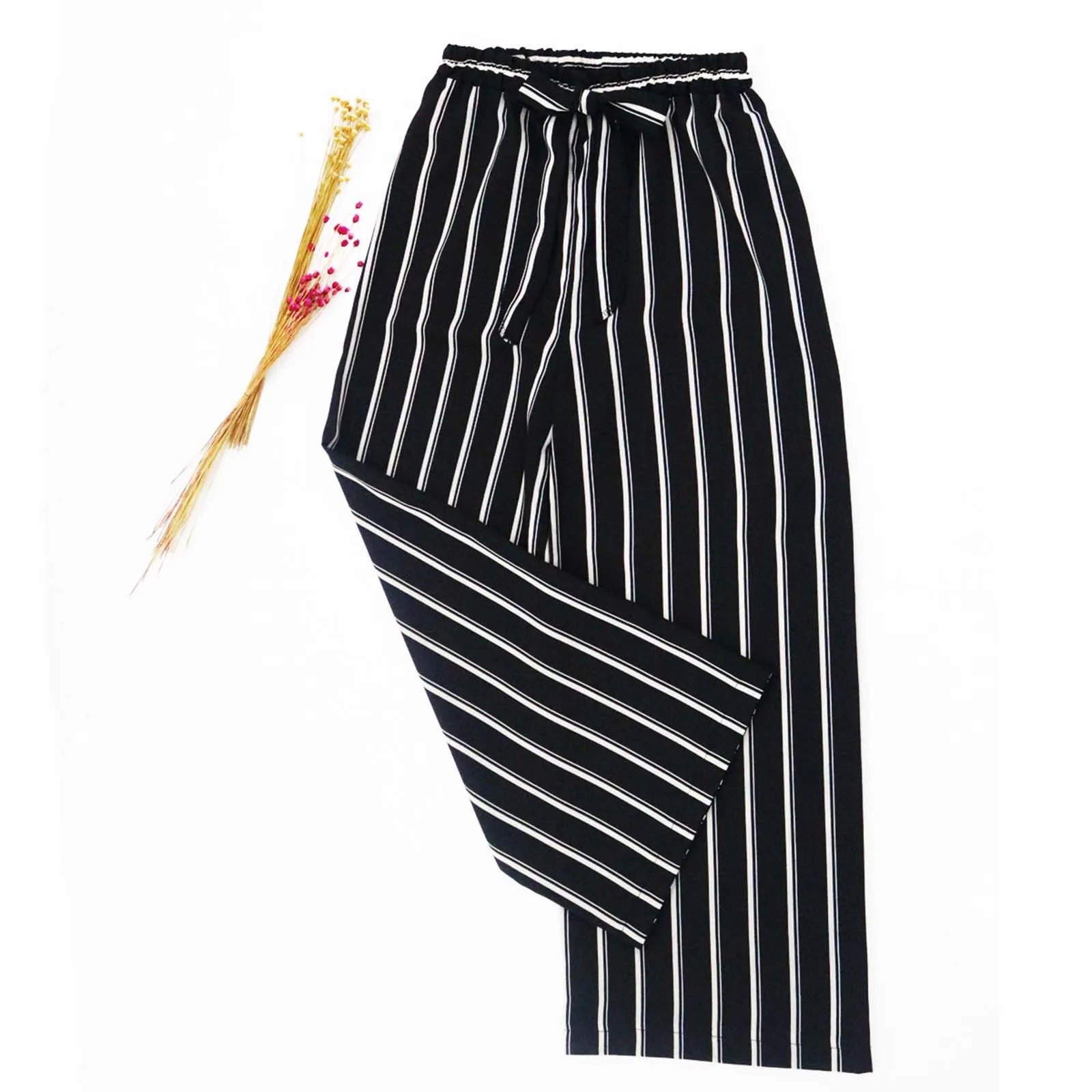 Ladies' Striped Elastic Waist Belted Long Wide Leg Pants Office Ladies Pant Soft Breathable Long Trousers 2023 Female Clothing