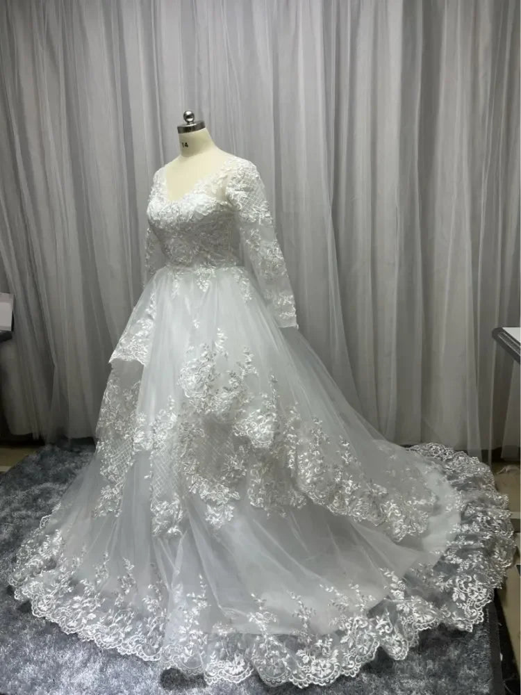 Princess Plus Size Wedding Dresses 2023 Lace Applique Long Sleeve Custom Made Tiered Skirt Dubai Arabic Bridal Wedding Dress - My Store