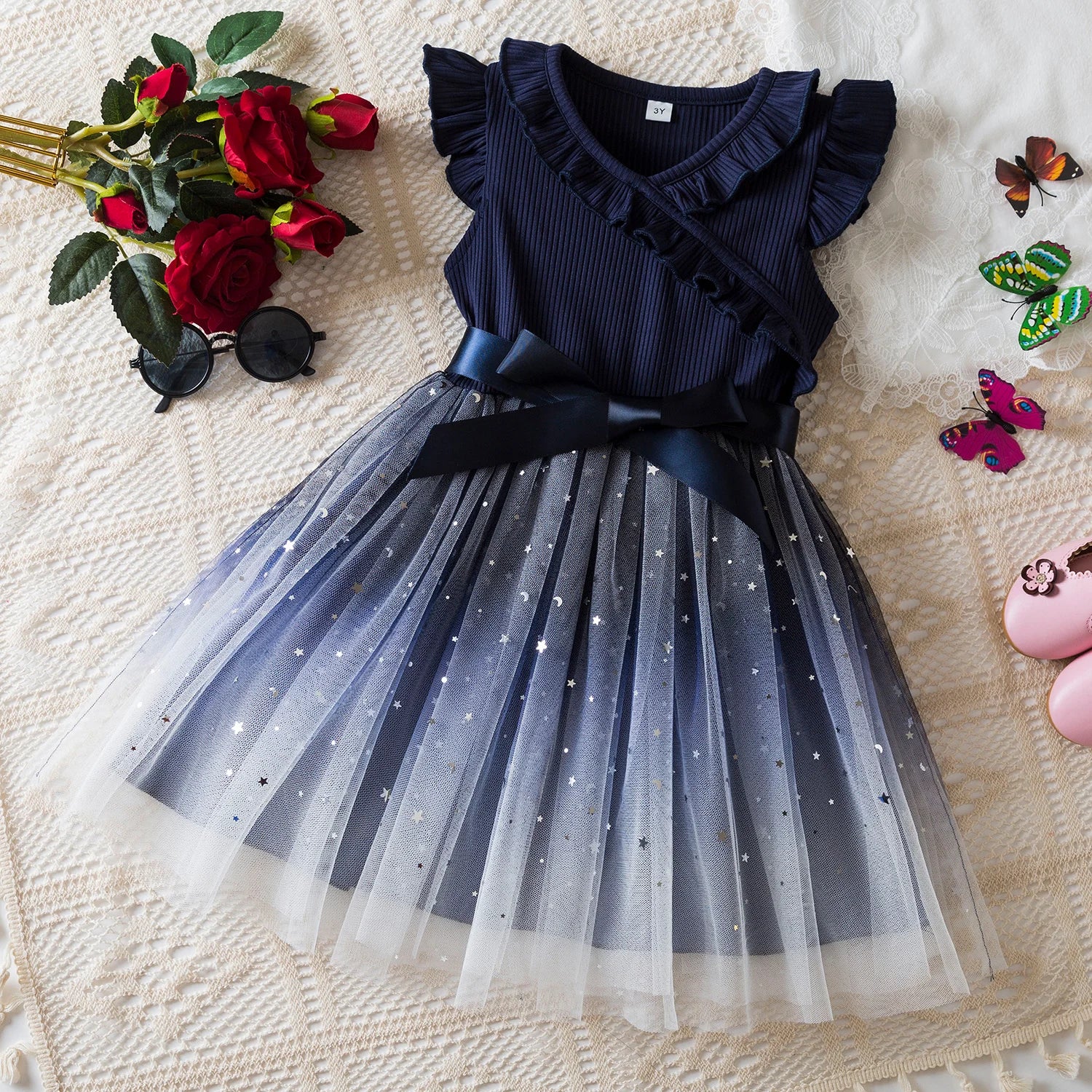 Summer Dress for Kids Girls 3-8 Years Ruffles Sleeves Elegant Princess Dresses Girls Wedding Birthday Party Casual Sweet Dresses - My Store