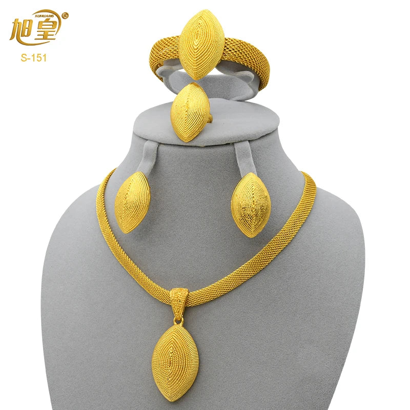 XUHUANG African Necklaces Bracelets Earing Sets Nigerian Wedding Jewelry Set Ethiopian Gold Colour Necklace Jewellery Set Gifts