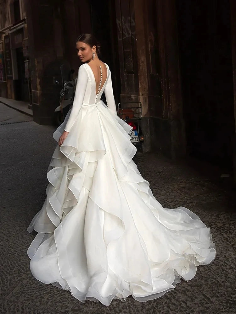 Gorgeous Wedding Dresses 2024 V-Neck Backless Modern Robes Long Sleeves Tiered Pleat Gowns Luxury Vestidos De Novia Customized - My Store