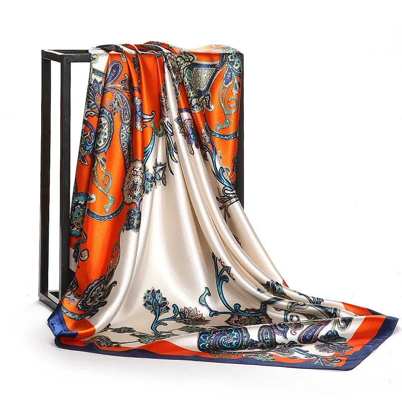 Fashion Kerchief Silk Satin Neck Scarf for Women Print Hijab Scarfs Female 90*90cm Square Shawls and Wraps Scarves for Lady