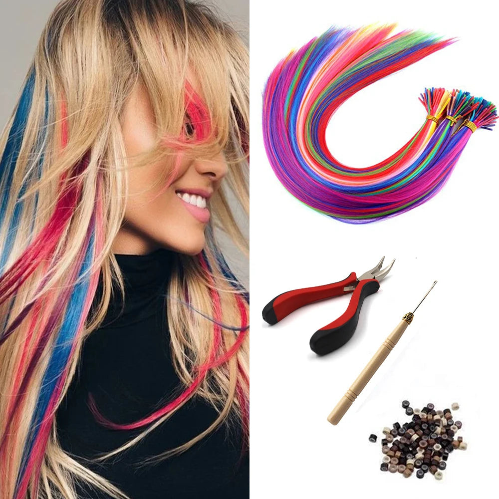 20 Strands/Pack Random Ten Colors Synthetic Colored I-Tip Stick Hair Extensions Straight Hair 16 Inch for Women High Temperature