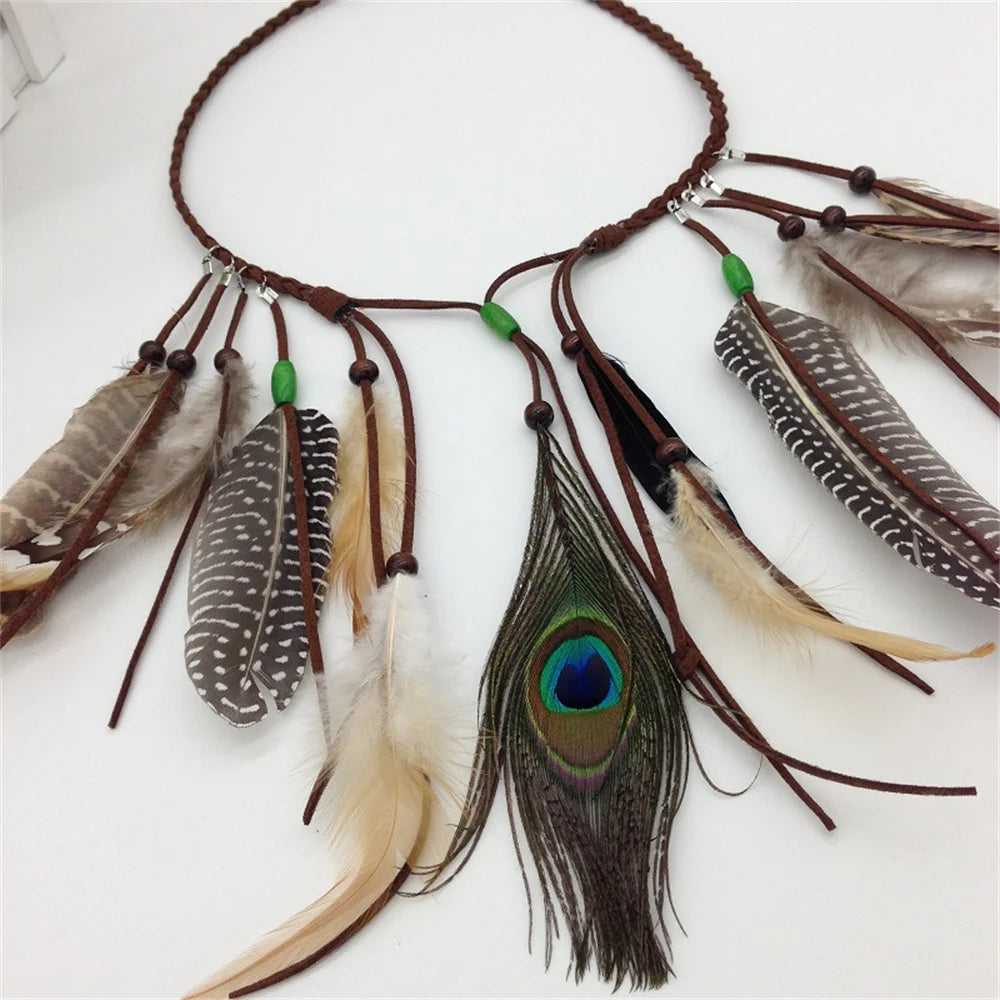 Bohemian Feather Headband Scrunchies Tribal  Hair Bands Women Girl Hippie Weaving Hair Accessories Hair Clip Hair Rope Headwear