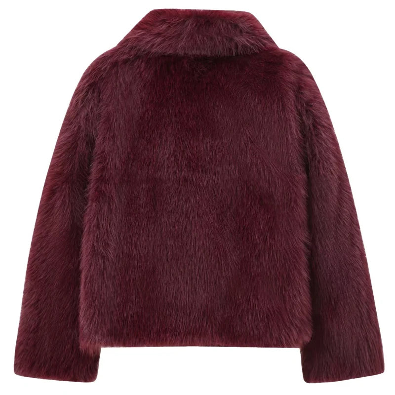 HXAO Women's Fur Coat Women  Plush Burgundy Bomber Jacket Solid Crop Long Sleeve Jacket Warm Winter Coats Woman Casual Coats