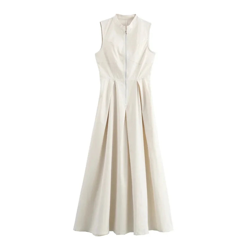 MUJER Zipper Long Dress Woman Pleated Sleeveless Bodycon Dress Summer Elegant Party Dresses for Women 2025 New Midi Dresses